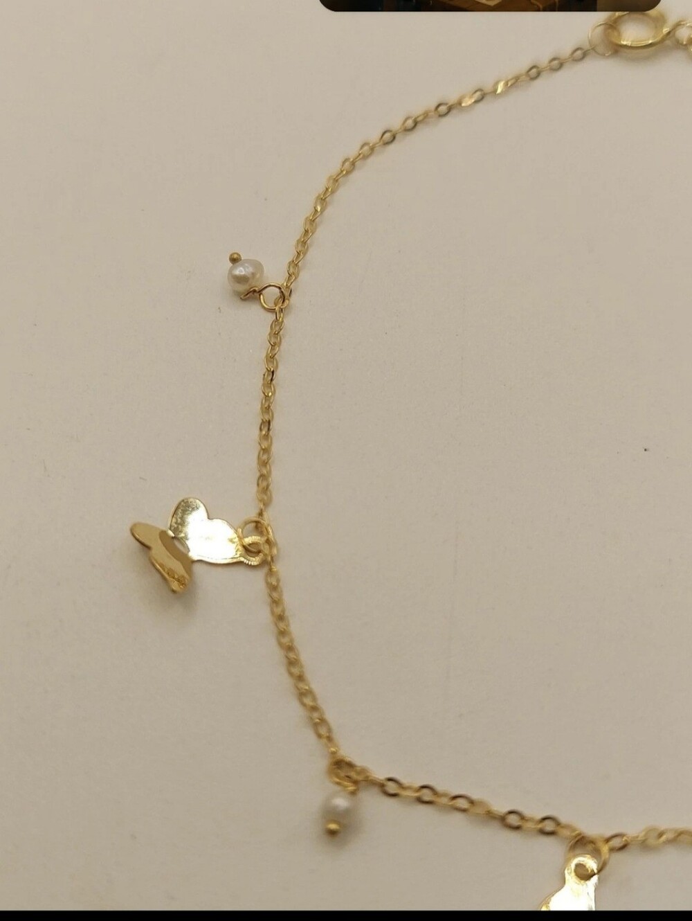 Golden Clef 10K Gold Butterfly Charm Bracelet 7” Italy Pearl Dangle New .5g